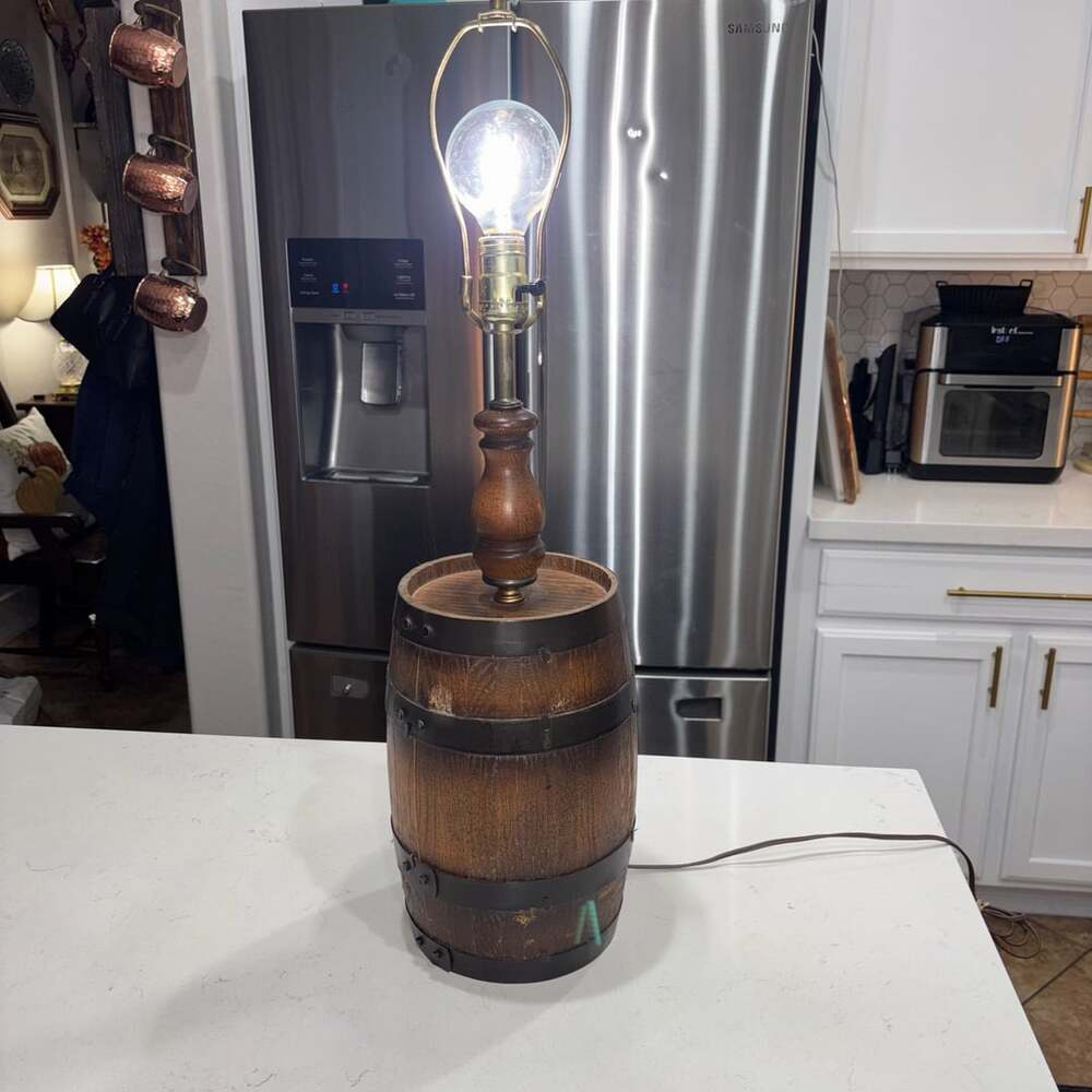 Vintage Wooden Barrel Accent Table Lamp Rustic Farmhouse Decor
